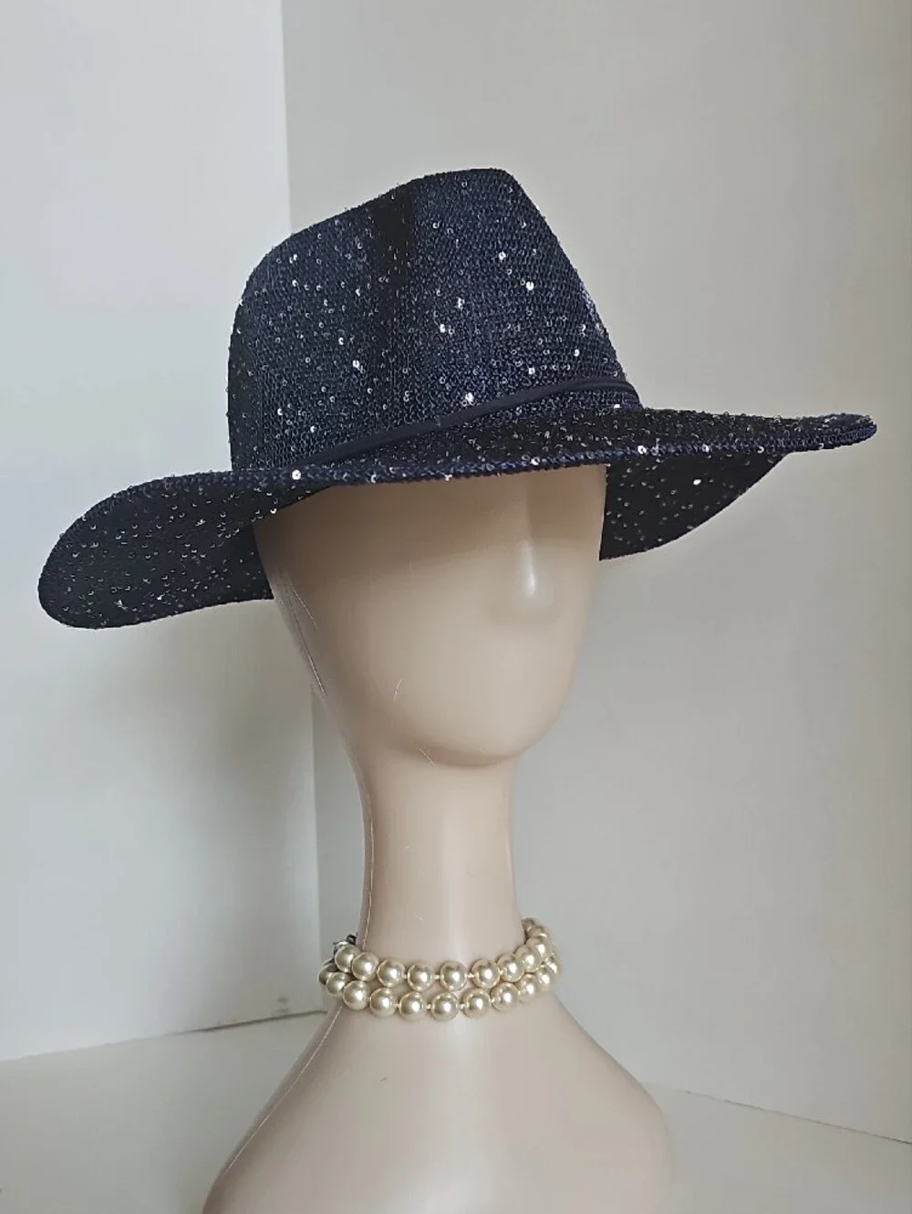 Beloved Millinery Sparkling Wide-Brim Panama Style Fedora Hat - Navy Blue